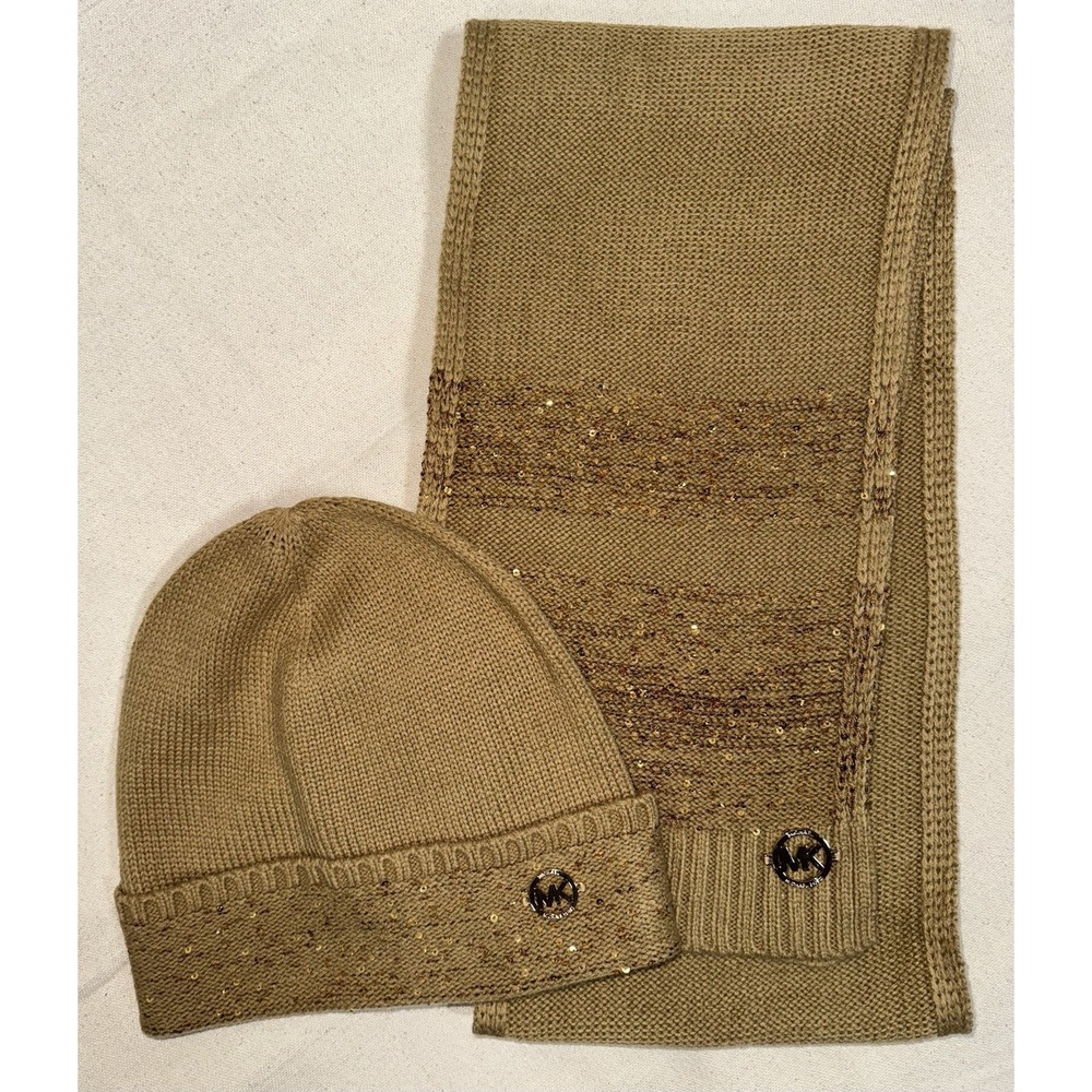 Michael Kors MK Sequin Embellished Scarf Beanie‎ Hat Set Gold Tan Camel